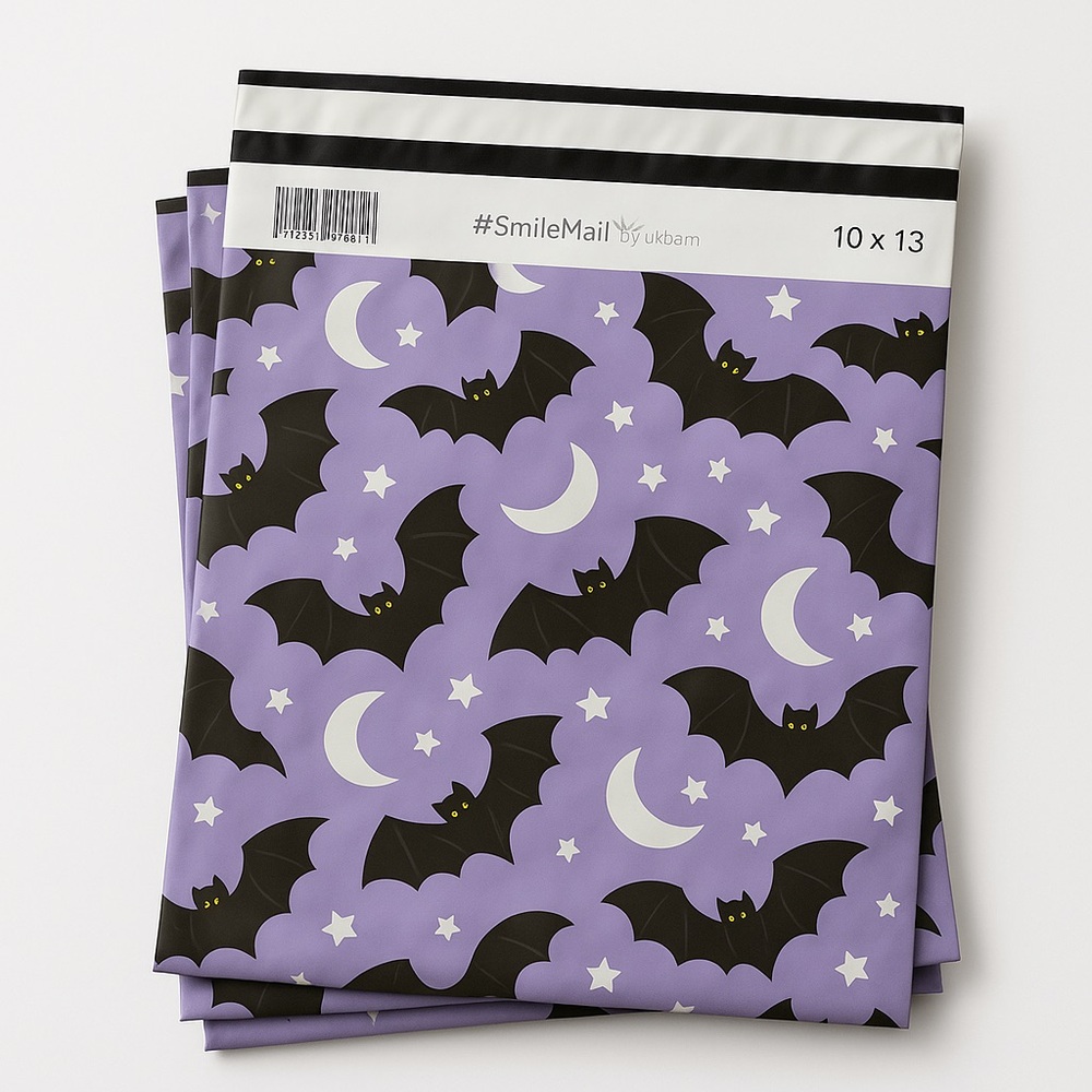 25 Purple Bat and Moon Patterned Poly Mailers